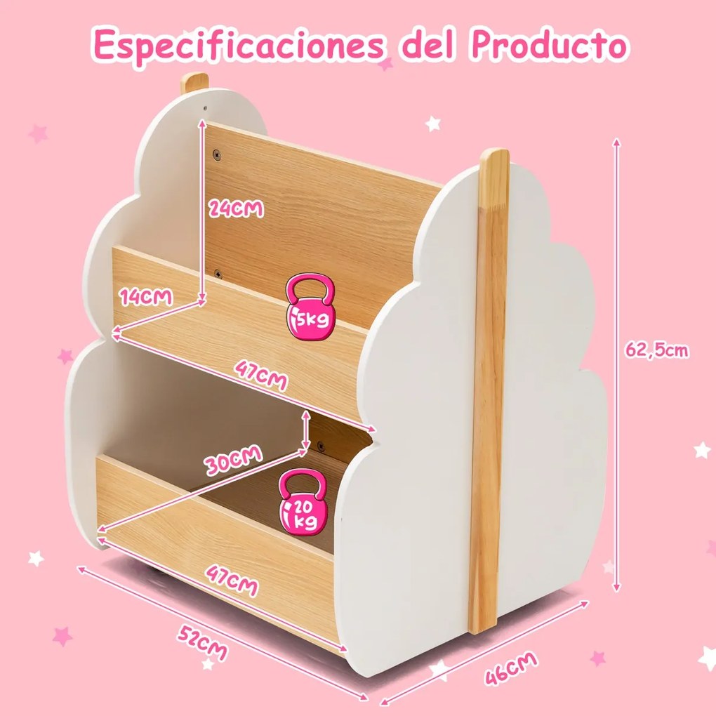 Estante de madeira para crianças com rodas Estante de brinquedos multifuncional de 2 níveis Organizador de livros 52 x 46 x 62,5 cm Branco