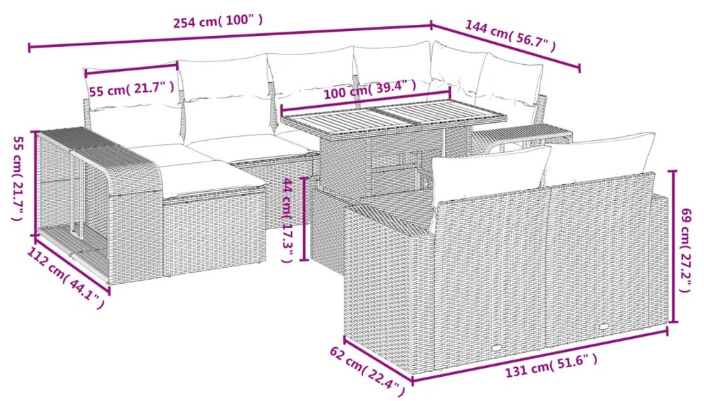 11 pcs conjunto sofás de jardim c/ almofadões vime PE preto