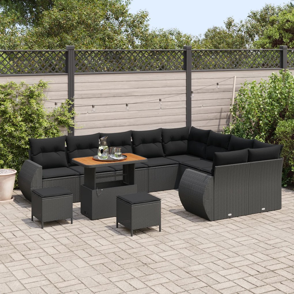 Conjunto de Sofá de Jardim de 12 Peças com Almofadas Preto Rattan Poli