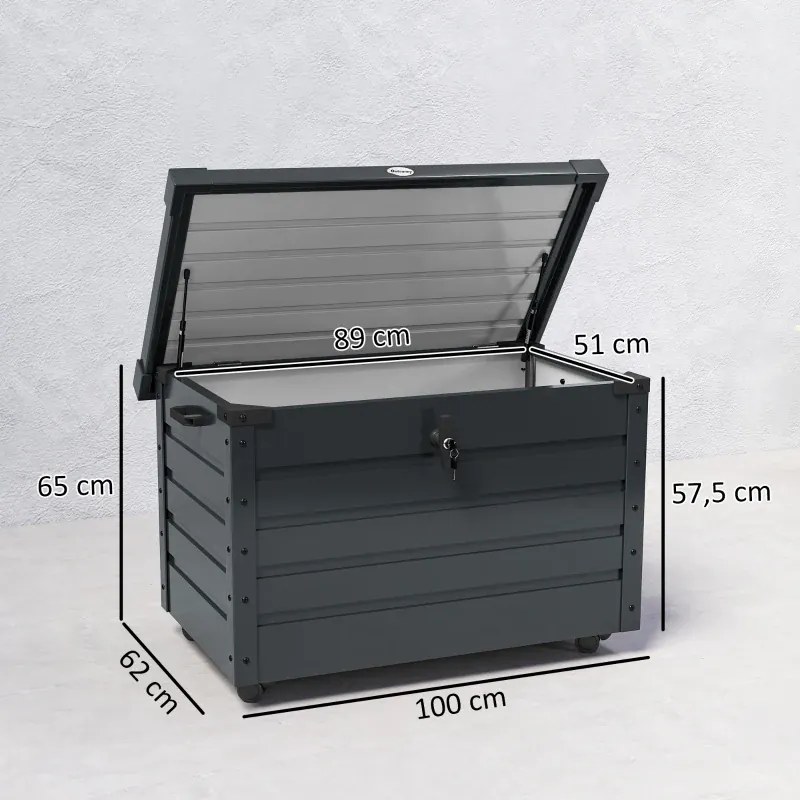 Baú de Exterior 295 L Baú de Armazenamento de Aço Galvanizado com 1 Fechadura para Jardim 100x62x65 cm Cinza Escuro
