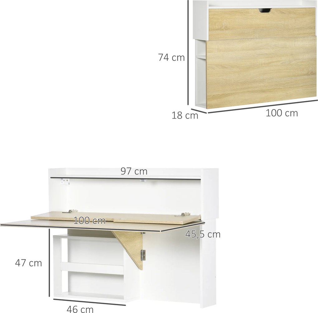 Secretária dobrável de parede 100 x 18 x 74 cm com prateleiras de arrumação e armário, secretária rebatível, com efeito de madeira natural