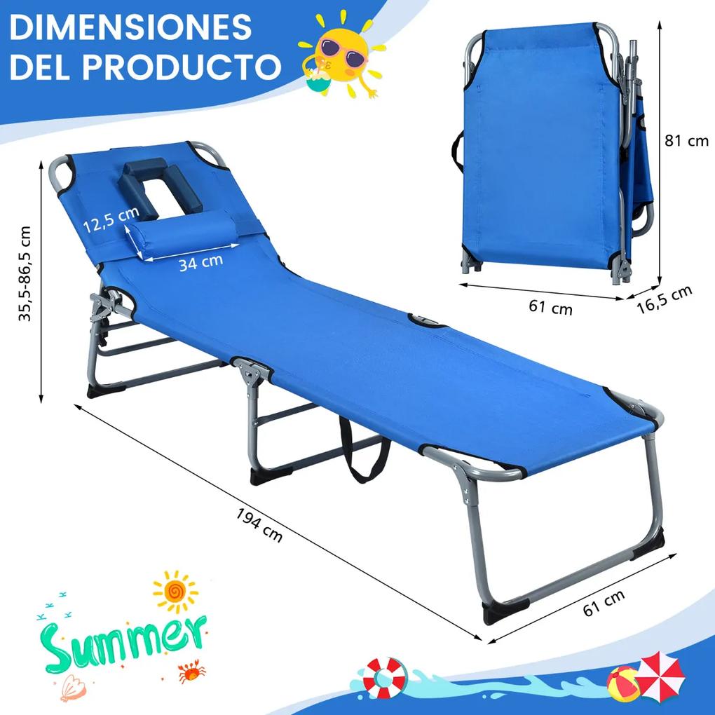 Espreguiçadeira ajustável dobrável cadeira reclinável de praia com almofadas para barriga/para cima e rosto azul