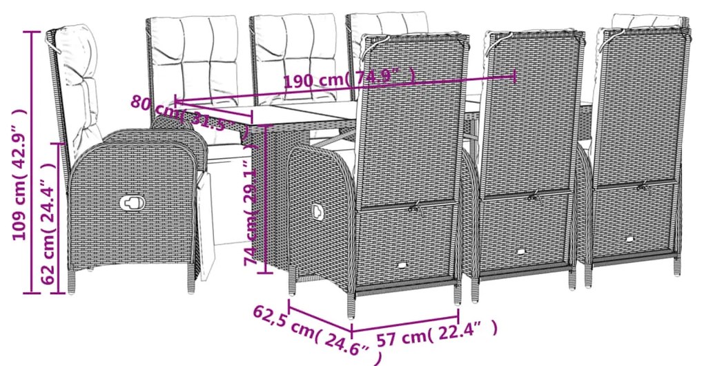 9 pcs conjunto de jantar p/ jardim c/ almofadões vime PE cinza