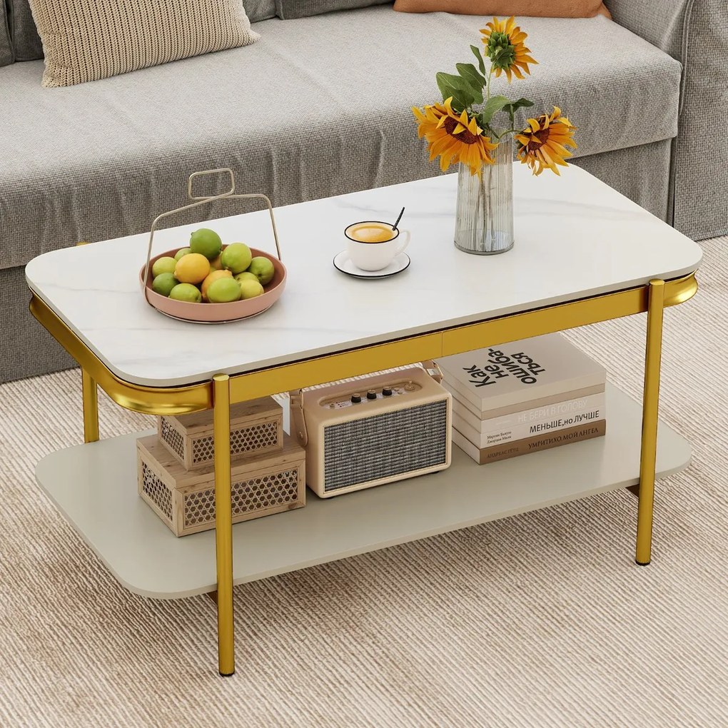 Mesa de centro 90 x 50 x 45,5 cm moderna retangular com 2 níveis, tampo sinterizado e prateleira, estrutura metálica, para sala, Branco + Dourado