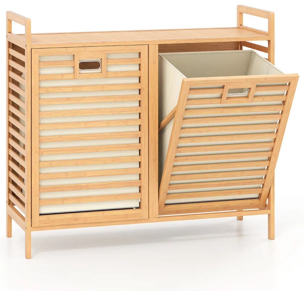 Cesto de roupa suja duplo 80 x 30 x 72 cm com abertura de bambu de 75 L com 2 cestos removíveis Natural