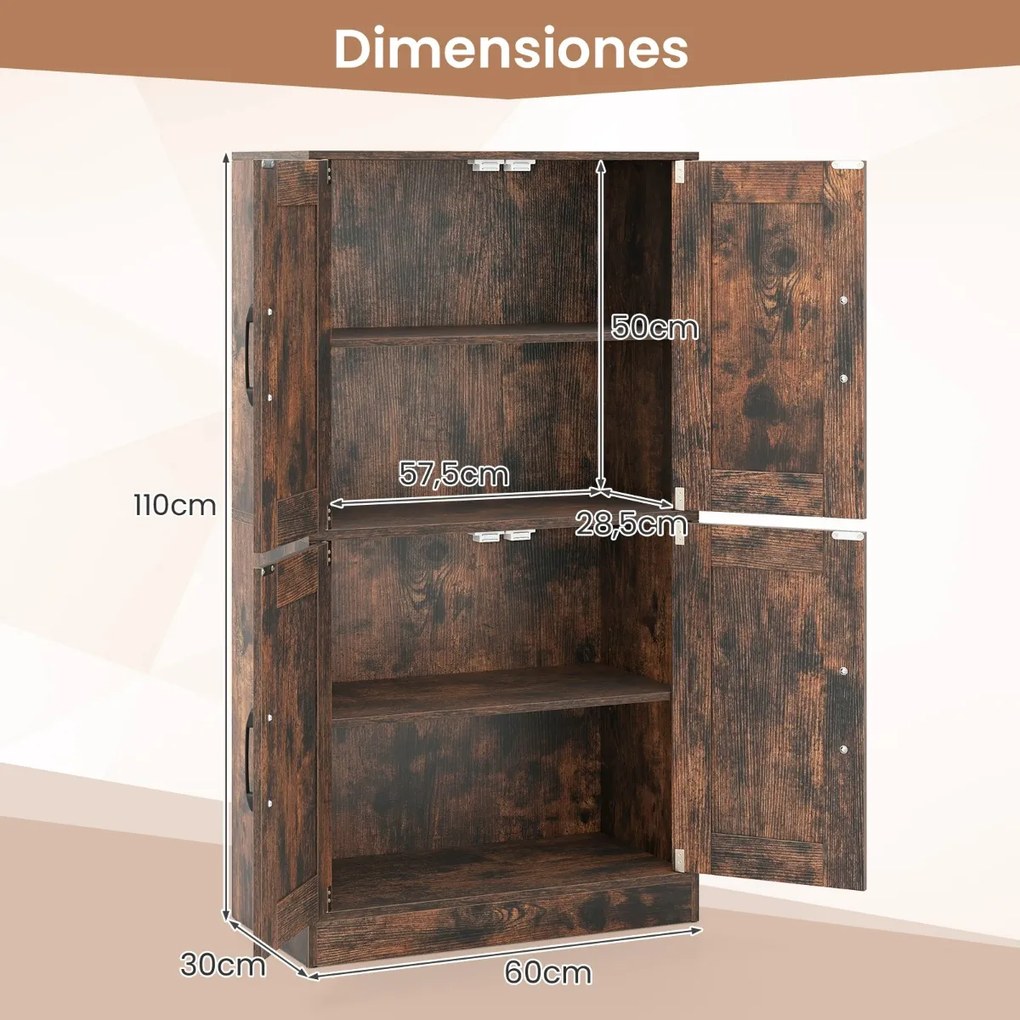 Armário de arrumação 60 x 30 x 110 cm, Despensa de cozinha, casa de banho, sala estar com portas e prateleiras ajustáveis Castanho