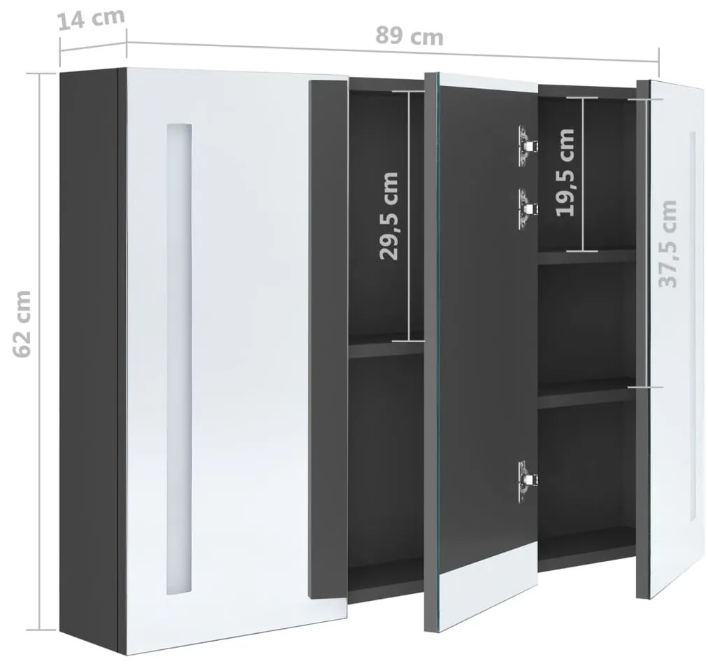 Armário espelhado p/ casa de banho com LED 89x14x62 cm cinzento