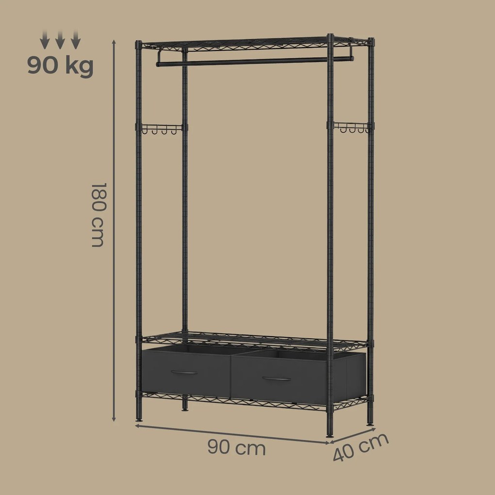 Guarda-roupa com prateleiras em rede design aberto 40 x 90 x 180 cm preto