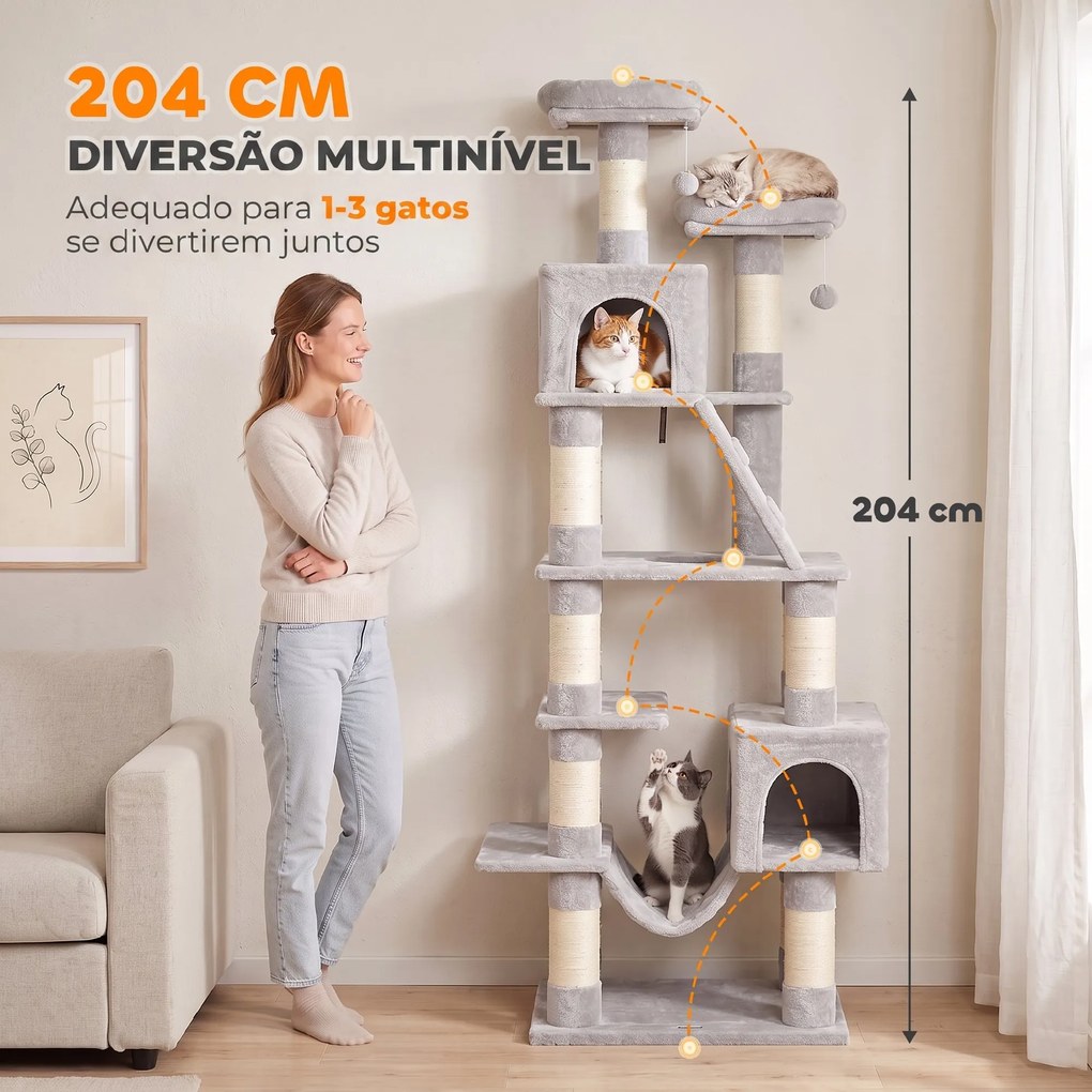 Arranhador para Gatos 204 cm Multinível com 2 Tocas Rede 2 Camas Postes de Sisal e Escada Cinza Claro