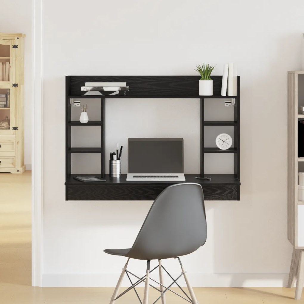 vidaXL Escrivaninha Montada na Parede Carvalho Preto 105x48x75 cm Madeira Engenharia