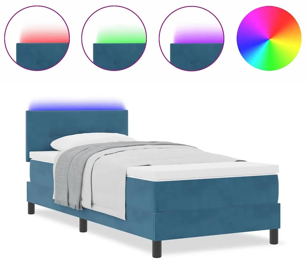 Cama Box Spring vidaXL com Colchão e LED Azul Escuro 100x200 cm Veludo