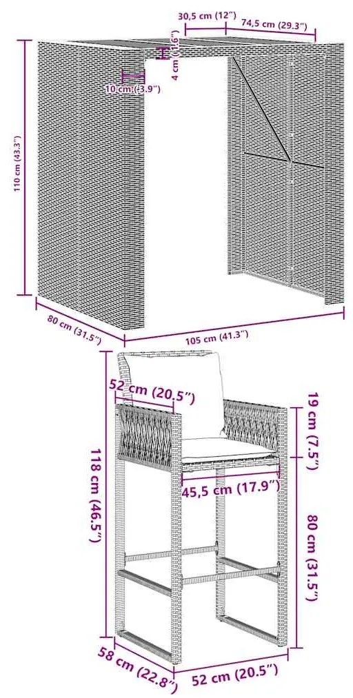 3 pcs conj. de bar jardim c/ almofadões vime PE/acácia cinzento