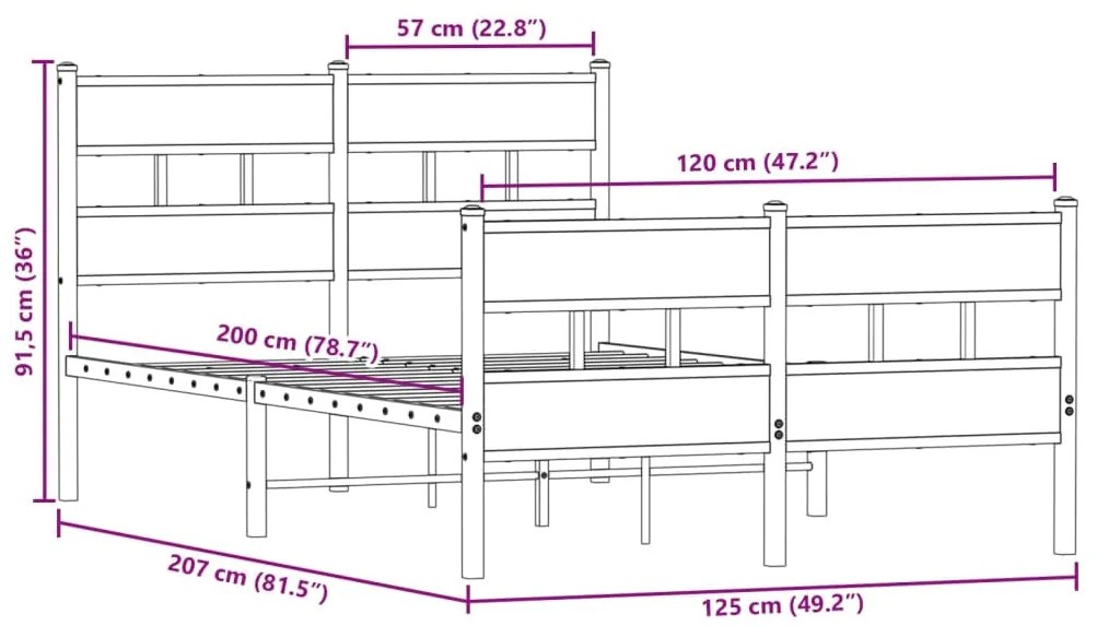 Estrutura de cama sem colchão 120x200 cm metal carvalho fumado
