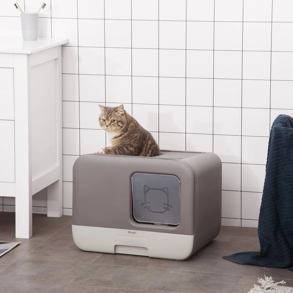 PawHut Caixa de Areia para Gatos Caixa de Areia Fechada para Gatos com Entrada Dianteira e Saída Superior Bandeja Removível e Pá 53x40x40cm Roxo Acinzentado