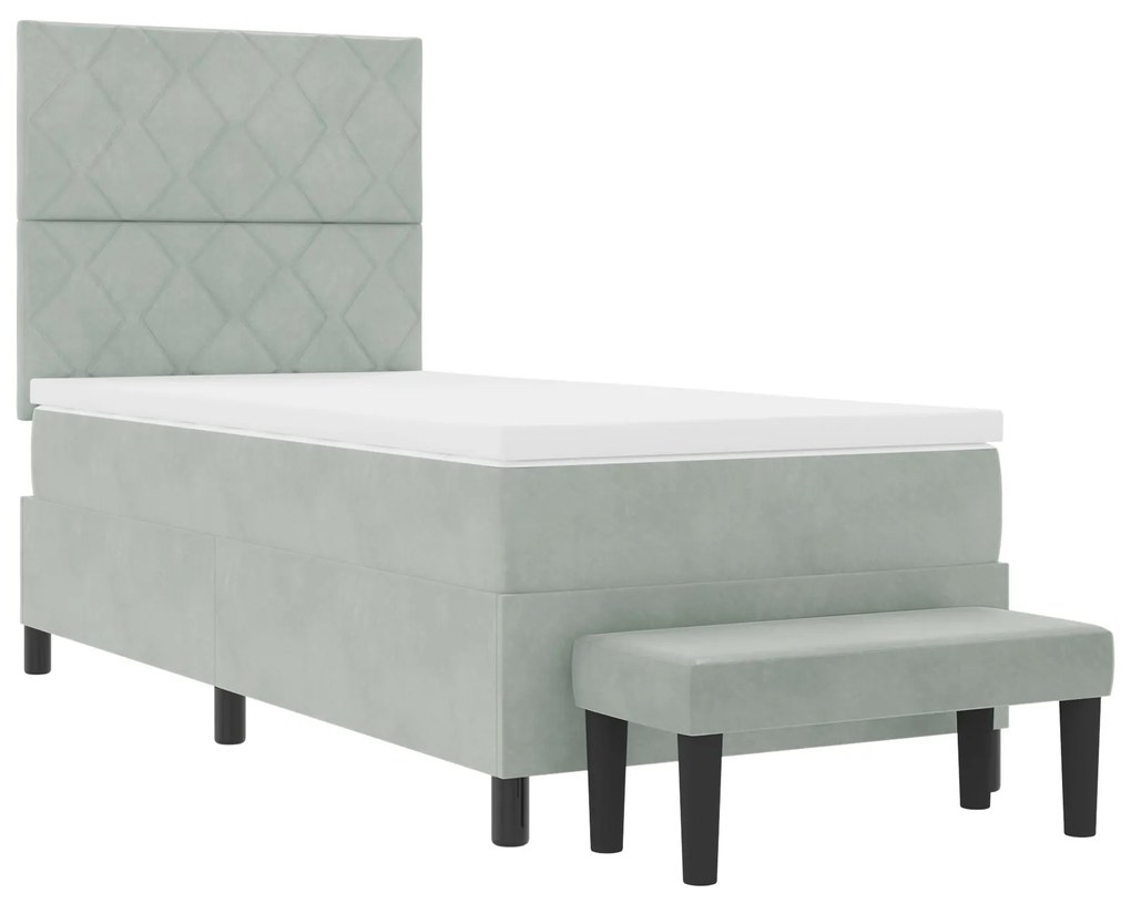 Cama Box Spring com Colchão e Banco Cinza Claro 90x200 cm Veludo