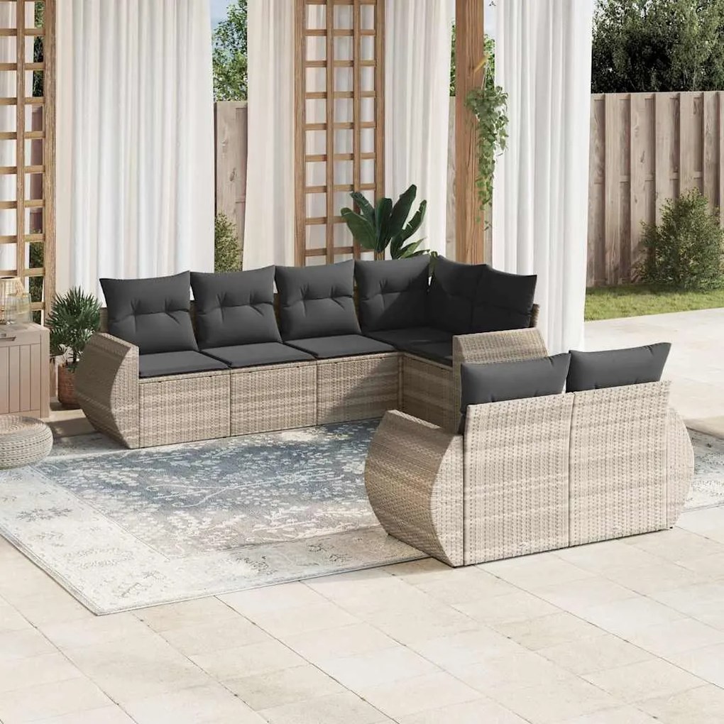 7 pcs conj. sofás jardim com almofadões vime PE cinzento-claro