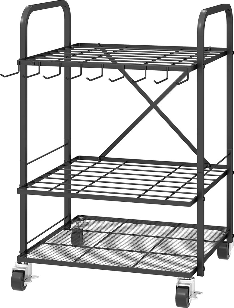 Organizador de ferramentas de jardim, suporte para ferramentas de jardim com 40 compartimentos em 2 níveis e rodas, 57 x 48 x 70 cm, preto