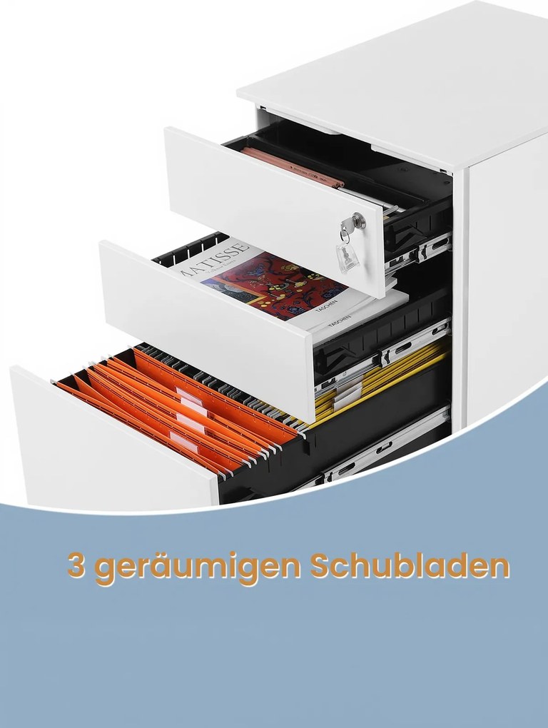 Bloco gavetas escritório com rodas 52 x 39 x 60 cm, com 3 gavetas branco