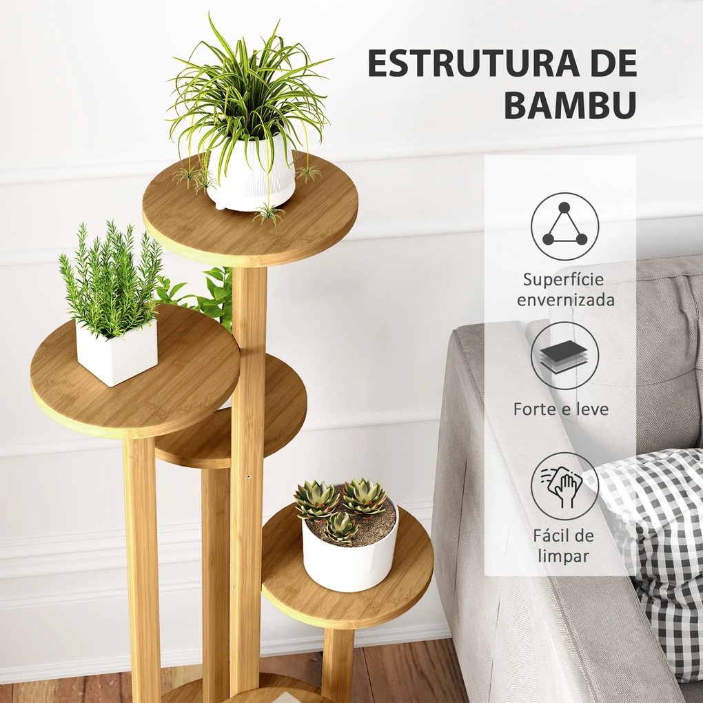 Suporte para Plantas em Bambu com Rodas de 5 Níveis Estante Redonda para Plantas para Cantos 33x33x90 cm Madeira