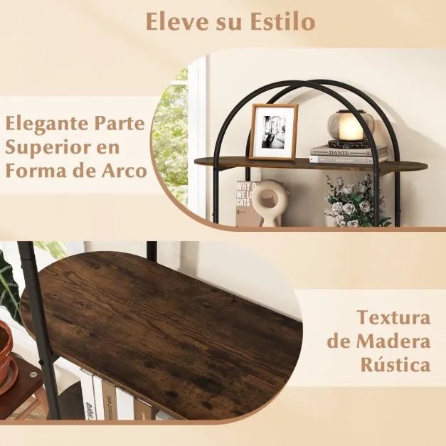 Estante arqueada 95 x 34 x 156 cm, 4 níveis com Estrutura metálica Castanho rústico e preto