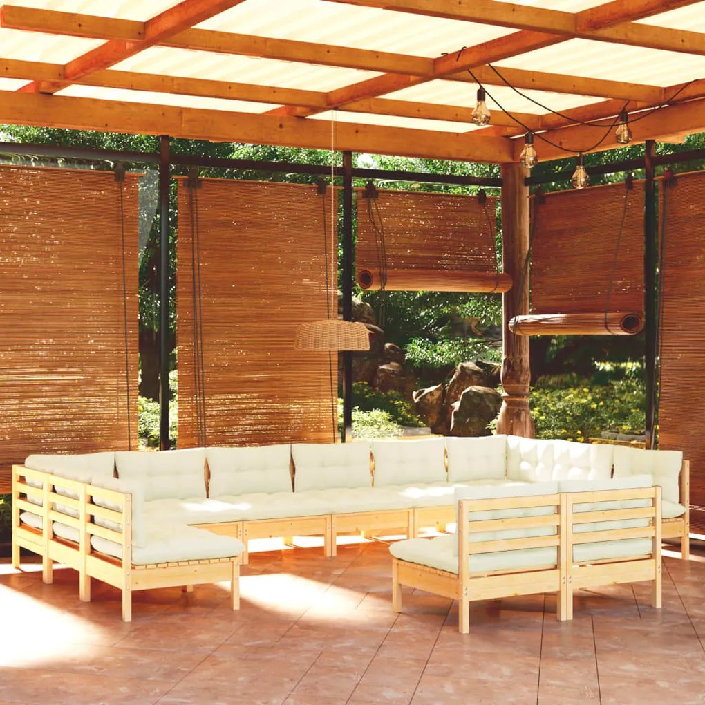 vidaXL 12 pcs conjunto lounge jardim c/ almofadões creme pinho maciço