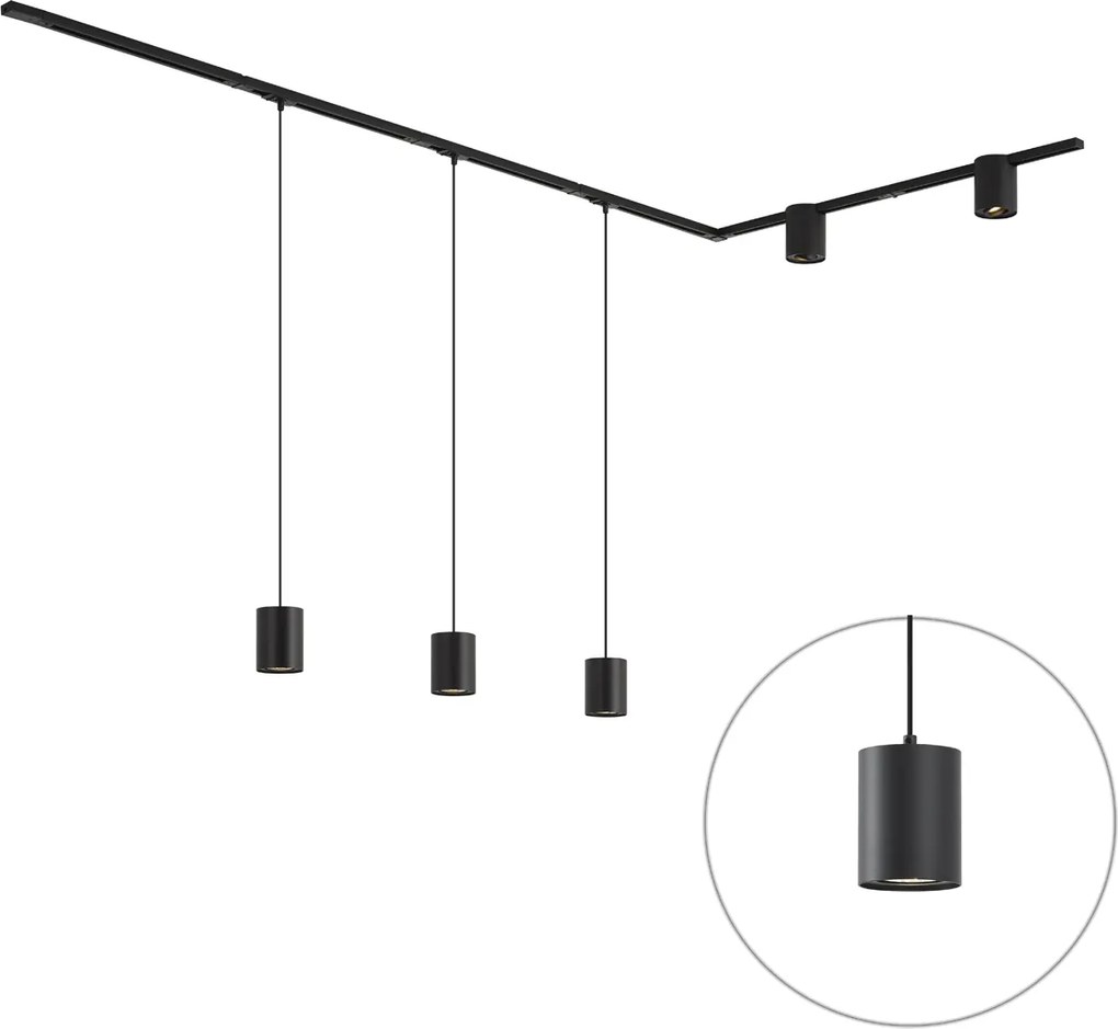 Sistema de calhas de iluminação moderno preto com 3 candeeiros suspensos e 2 focos 1-fase - Iconic Holt Rondoo Up