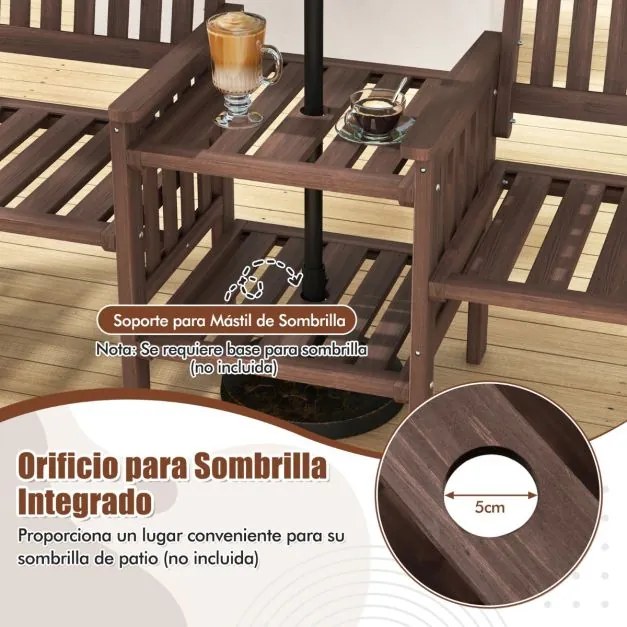 Banco de jardim com mesa com 2 níveis e orifício para guarda-sol em madeira de abeto natural castanho escuro