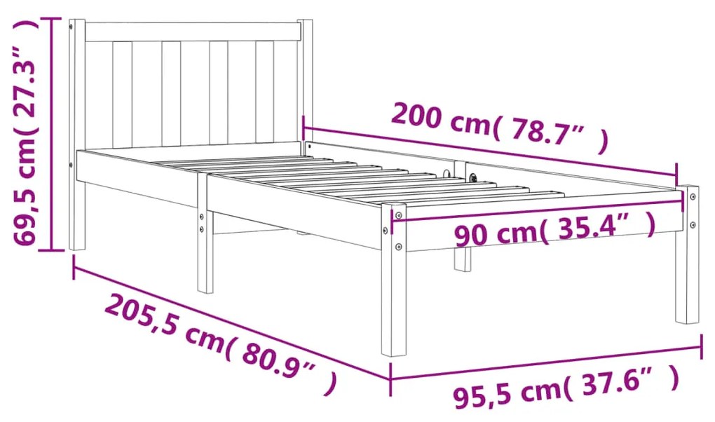 Estrutura de cama 90x200 cm madeira pinho maciça castanho cera