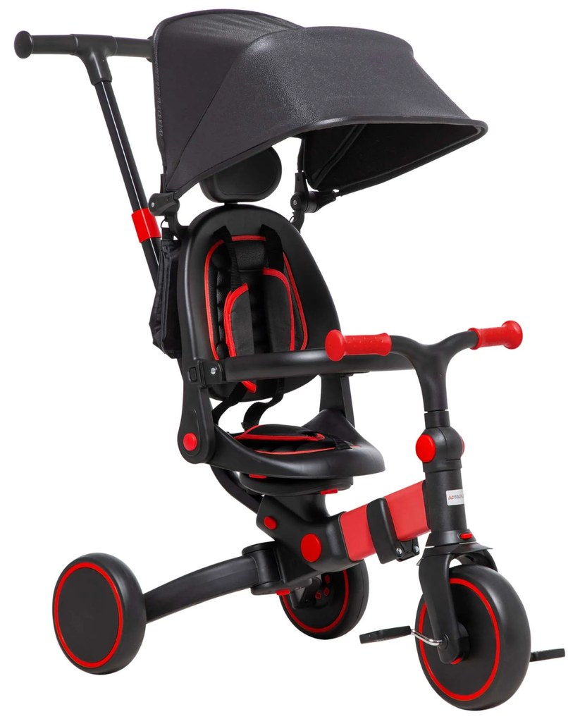 AIYAPLAY Triciclo 3 em 1 para Crianças Triciclo Evolutivo com Capô Dobrável e Guiador Desmontável 96,5x49x101cm Preto e Vermelho