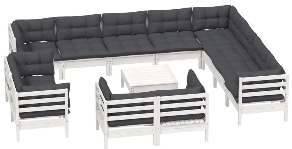 13 pcs conj. lounge de jardim c/ almofadões pinho maciço branco