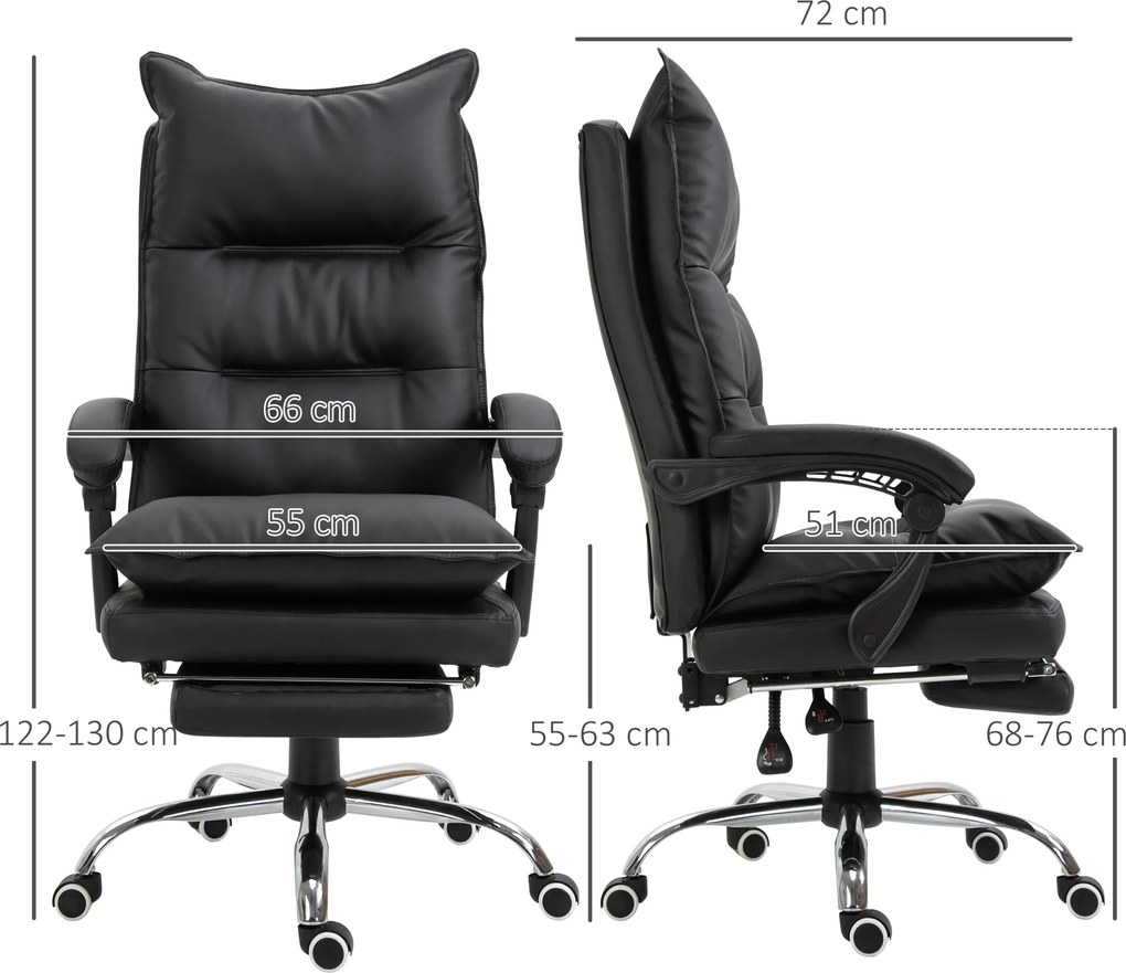 Cadeira de escritório, ergonómica em couro sintético com assento largo e almofadado, encosto reclinável, altura ajustável, braços e apoio para os pés