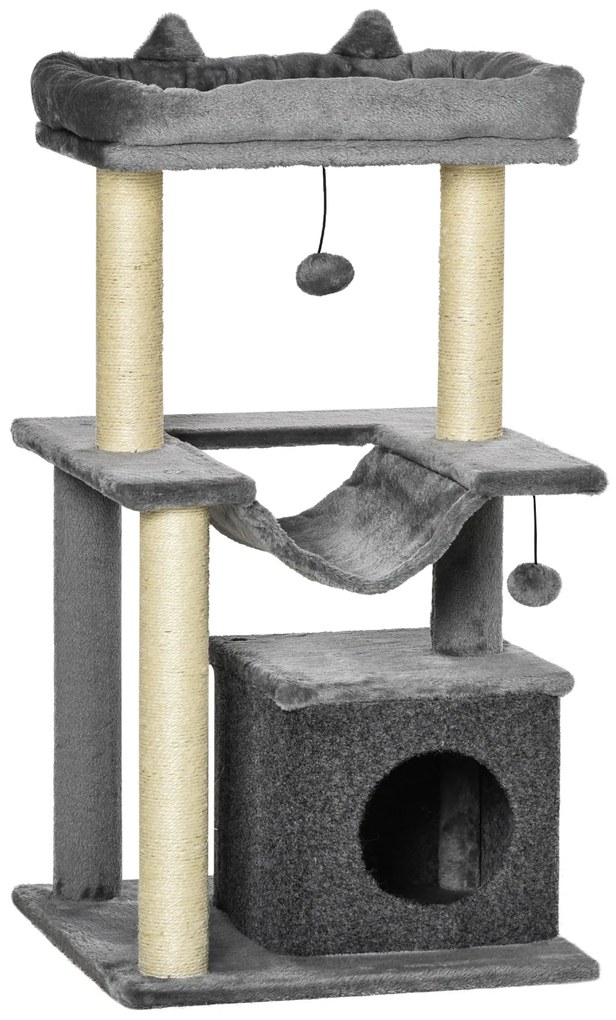 PawHut Arranhador para Gatos de 3 Níveis com Caverna Rede Plataforma Bolas Suspensas e Poste de Sisal 48x48x90 cm Cinza