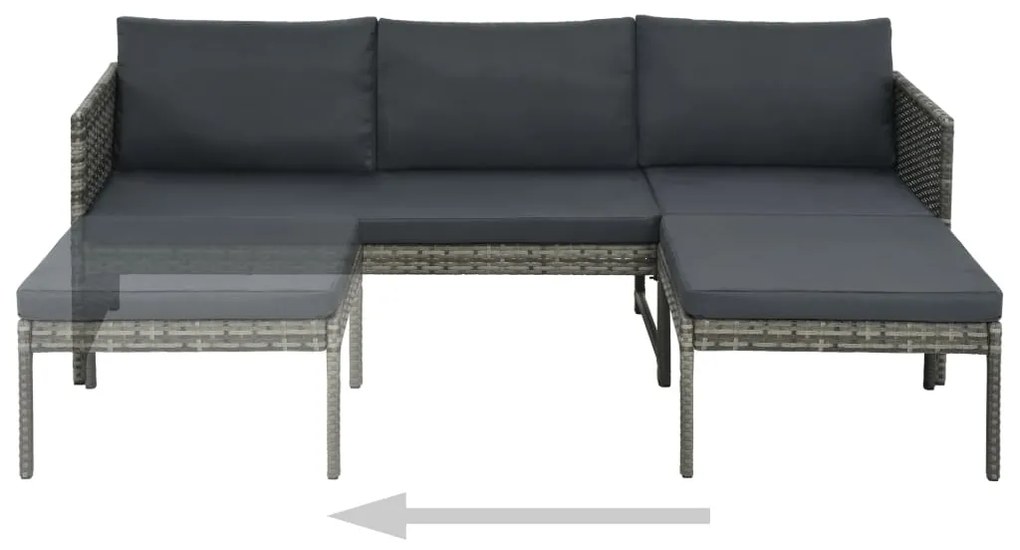 3 pcs conjunto lounge de jardim c/ almofadões vime PE cinzento
