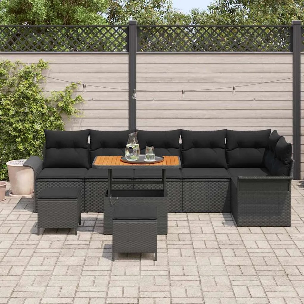 Conjunto de Sofá de Jardim com 9 Peças da e Almofadas Pretas em Rattan