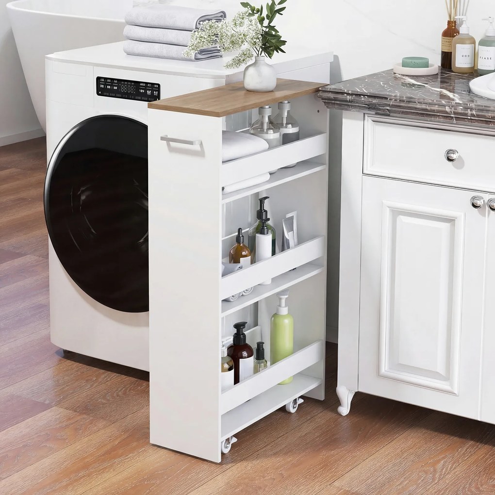 Carrinho de Arrumação Estreito para Cozinha, 47,5 x 20 x 80,5 cm, 4 Níveis, Carvalho+Branco