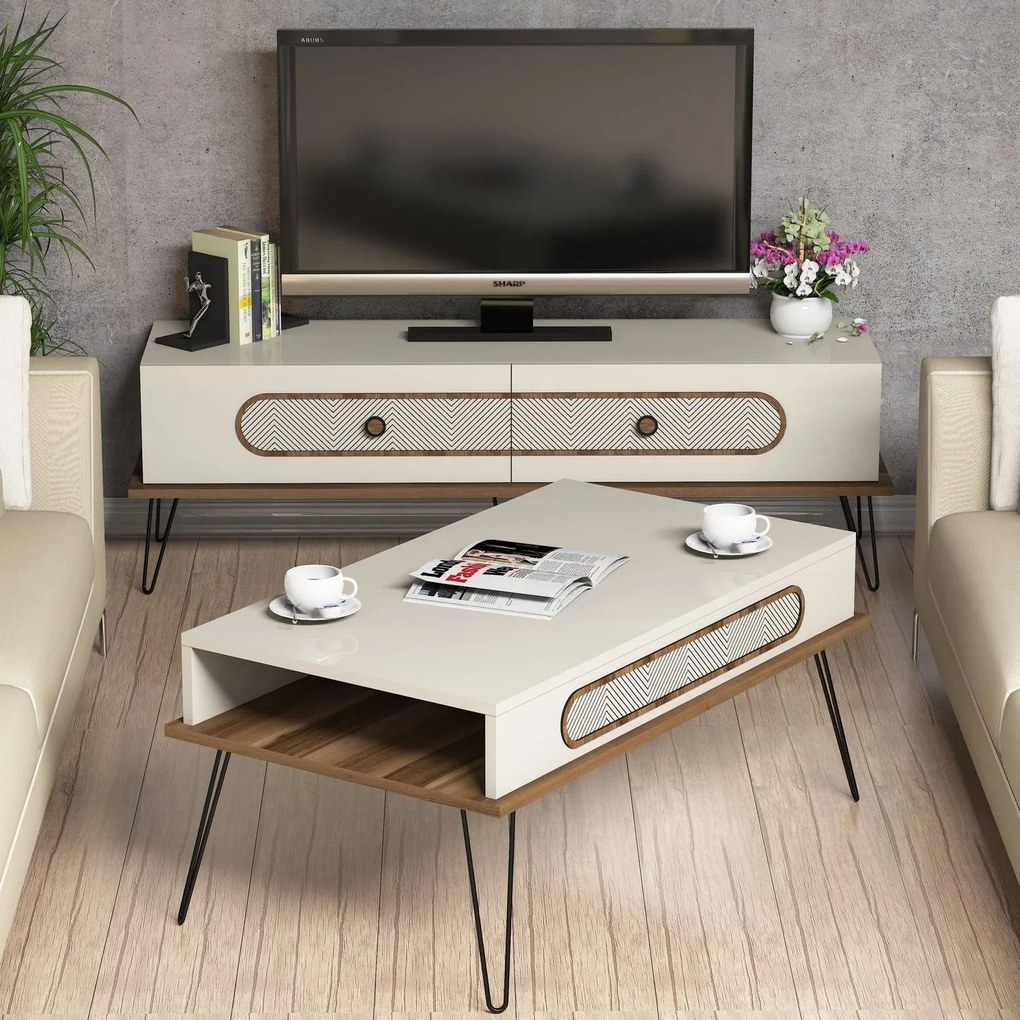 Conjunto de Mobiliário de Sala de Estar Ekol – Creme – TV Unit 145x45x