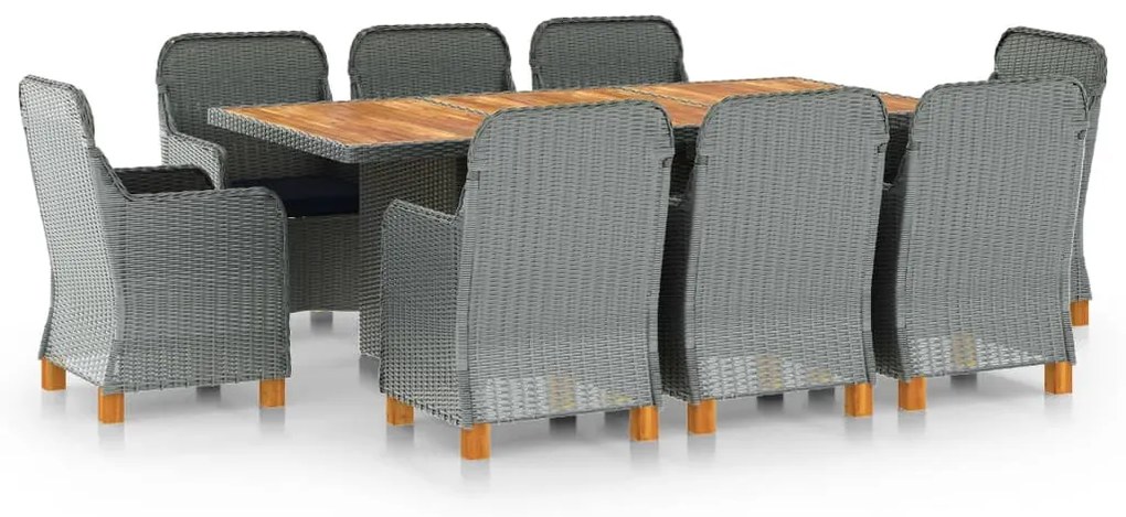 9 pcs conj. jantar exterior + almofadões vime PE cinzento-claro