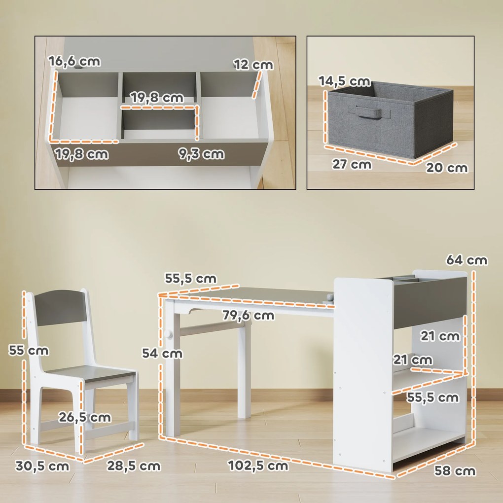 Conjunto de mesa e 2 cadeiras infantis em madeira com rolo de papel, prateleiras e gavetas, para meninas e meninos dos 3 aos 8 anos, cinzento