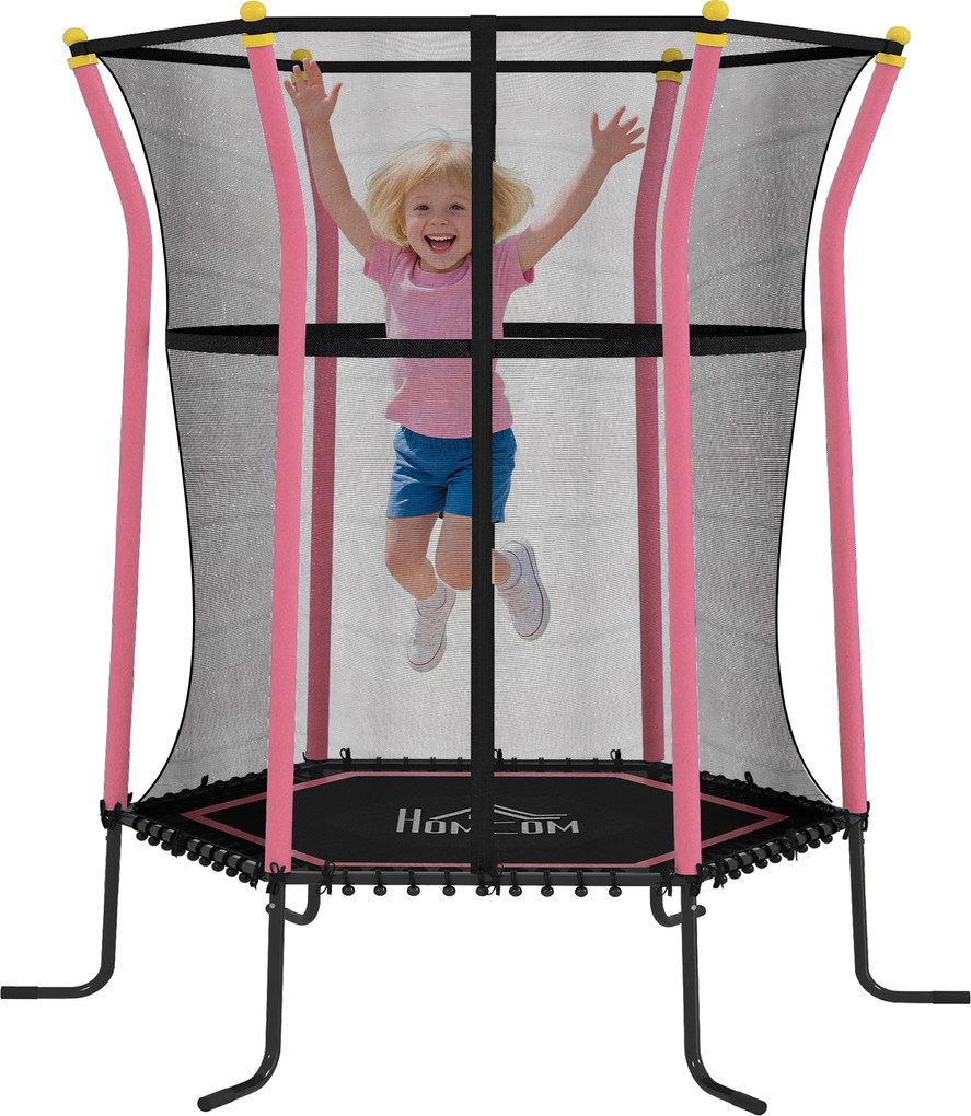 Cama elástica para crianças Ø 1,63 x 1,9 m com rede de segurança, porta com fecho de correr e 6 postes almofadados incluídos, rosa e preto