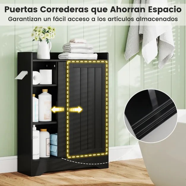 Armário de Cozinha ou Casa de Banho 60 x 20 x 80 cm com porta-papel higiênico, compartimento para escova e prateleiras ajustáveis com 2 portas desliza