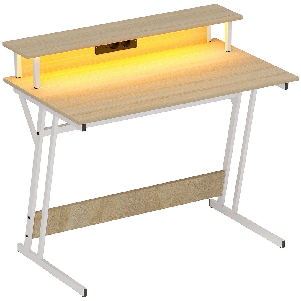 HOMCOM Secretária Gaming com Luzes LED 100x60x88,5 cm com Tomadas de Corrente Suporte para Monitor Prateleiras e Controlo Remoto Madeira | Aosom Portugal