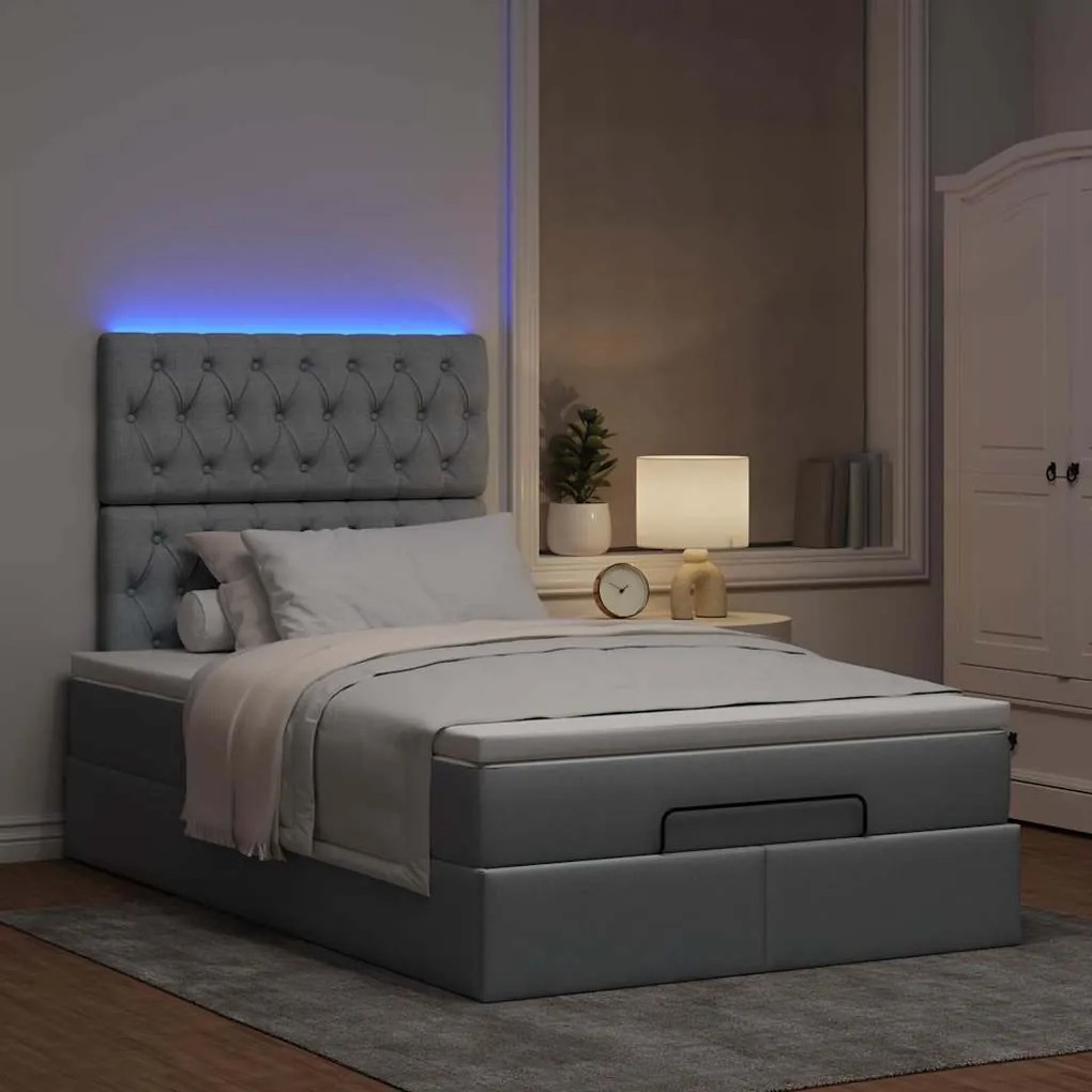Estrutura de cama otomana com colchão cinza claro tecido