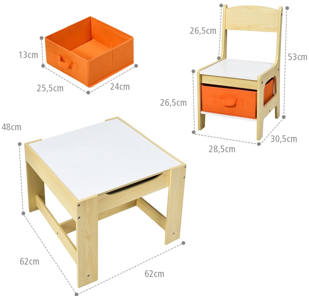Conjunto Infantil Viseu com Mesa e 2 Cadeiras de Madeira – com Caixas
