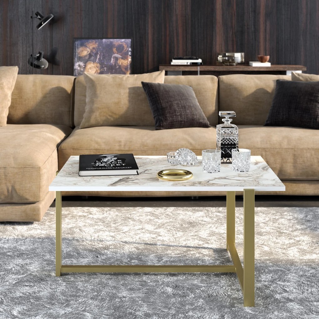 Mesa de Café Merideths - Dourada e Branca - 92cm x 45cm x 64cm