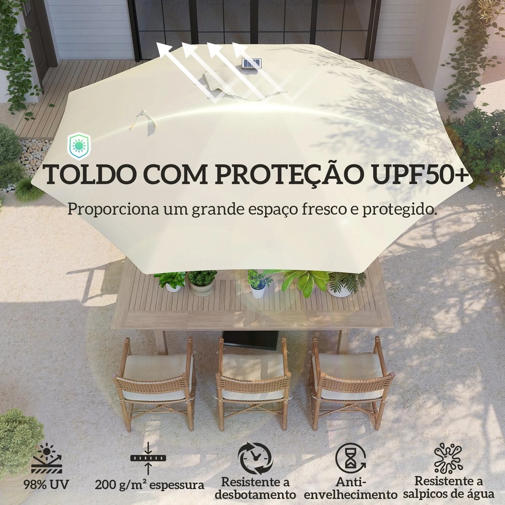 Chapéu de Sol de Jardim com Luzes LED Ø300x256 cm Manivela Proteção UV50+ e Mastro de Alumínio Creme