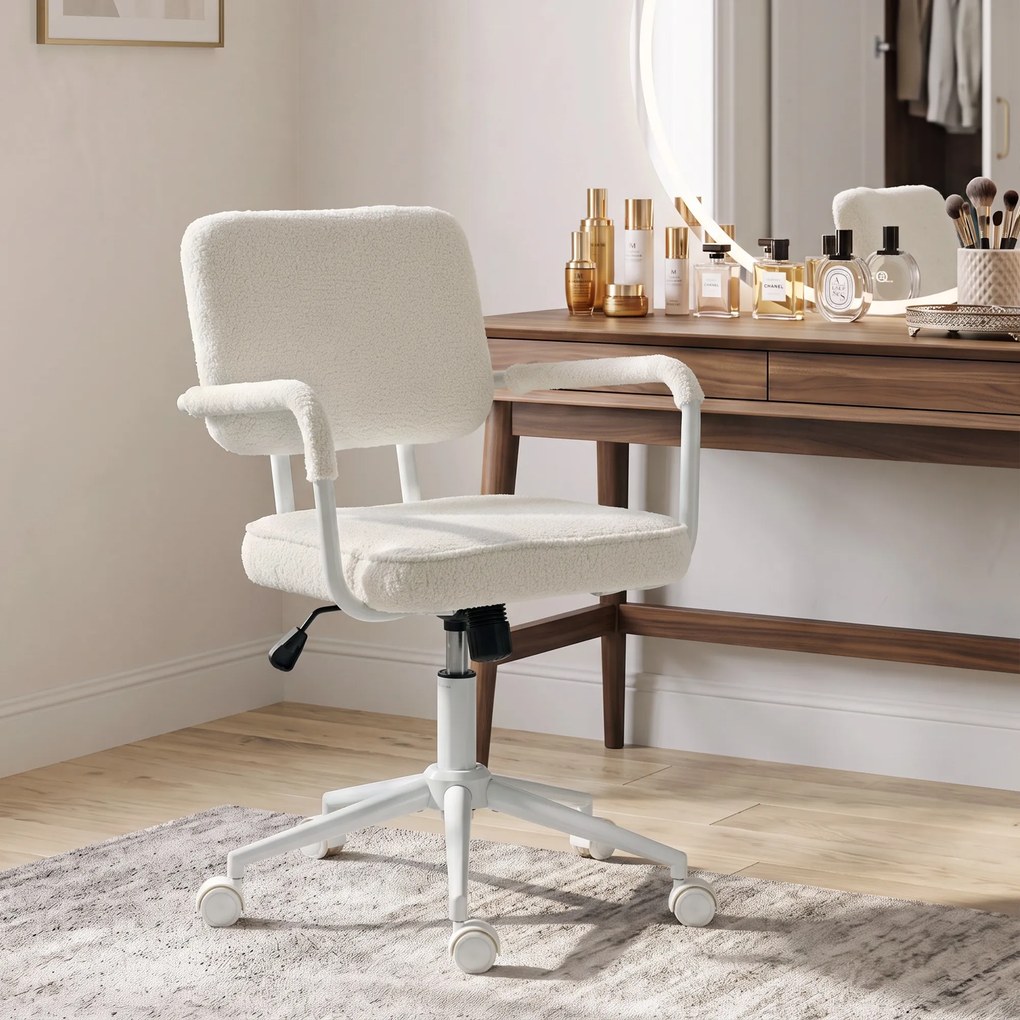 Cadeira de escritório ergonómica, cadeira de escritório em tecido bouclé com altura ajustável, função de balanço, creme