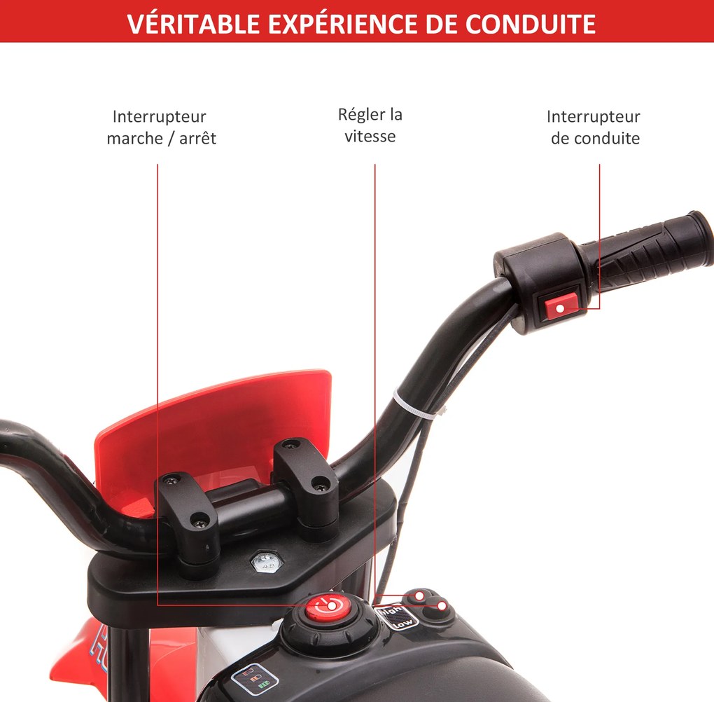 Mota elétrica infantil para crianças dos 3 aos 5 anos, 12 V, 3-8 km/h, com rodinhas laterais removíveis, 106,5 x 51,5 x 68 cm, vermelho