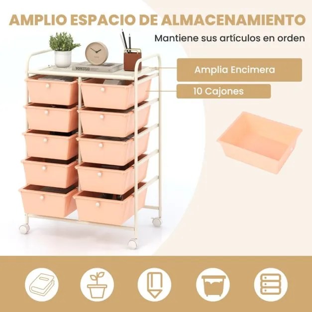 Carrinho móvel multiusos com 10 gavetas 65,5 x 37 x 87 cm com rodas Rosa claro