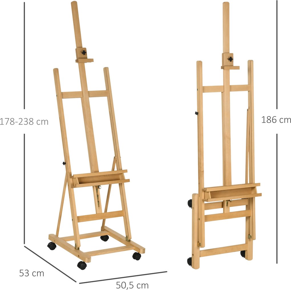 Cavalete de Pintura Dobrável 238 cm Cavalete de Madeira com Rodas Altura Ajustável Bandeja Madeira
