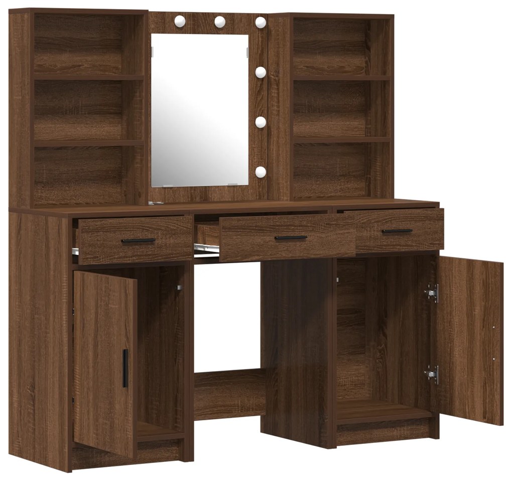 Conjunto de Mesa de Maquiagem 3 Peças MDF Madeira Envelhecida